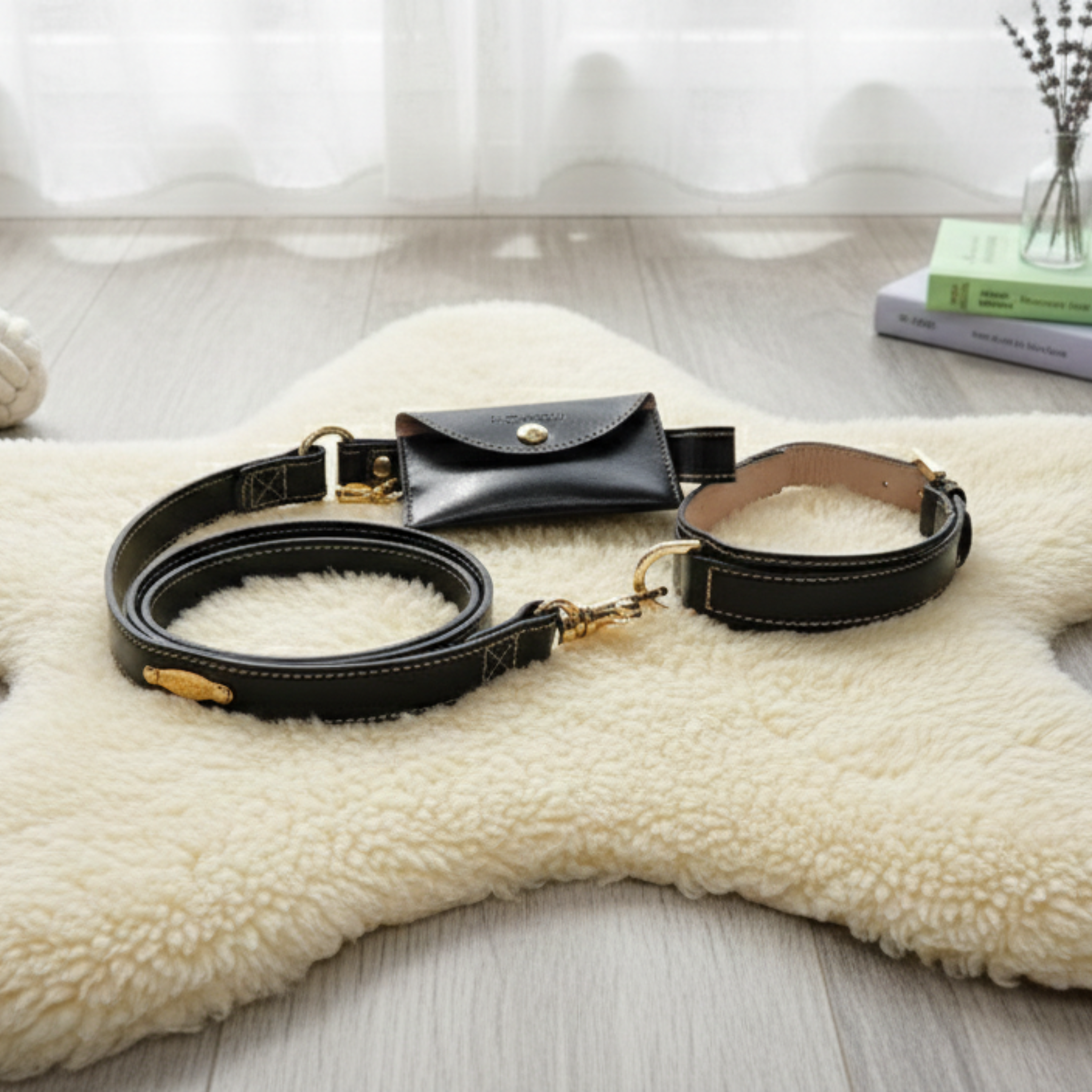 Set Collare e Guinzaglio in Pelle con Porta Sacchetti